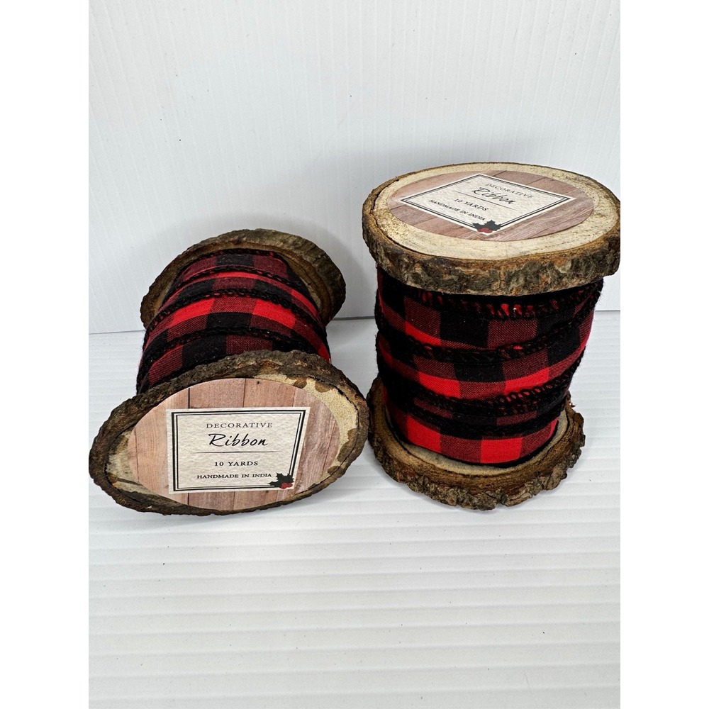 Buffalo Plaid Decorative Ribbon Lot 2 Red Black 10 Yards Each Wood Spools